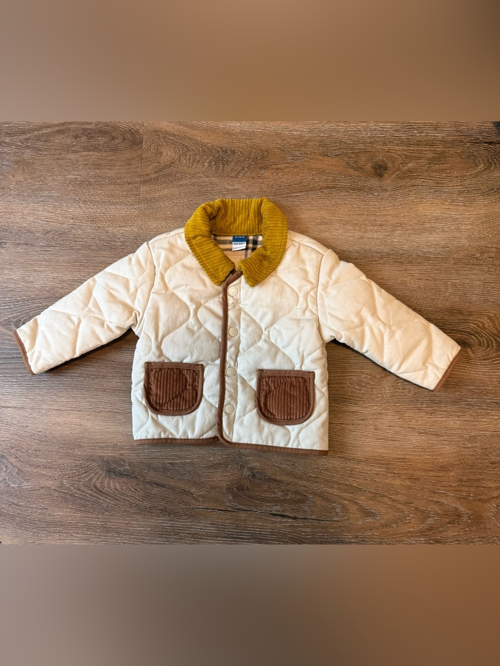 Old Navy Cream Quilted Jacket with Mustard Corduroy Collar and Brown Trim